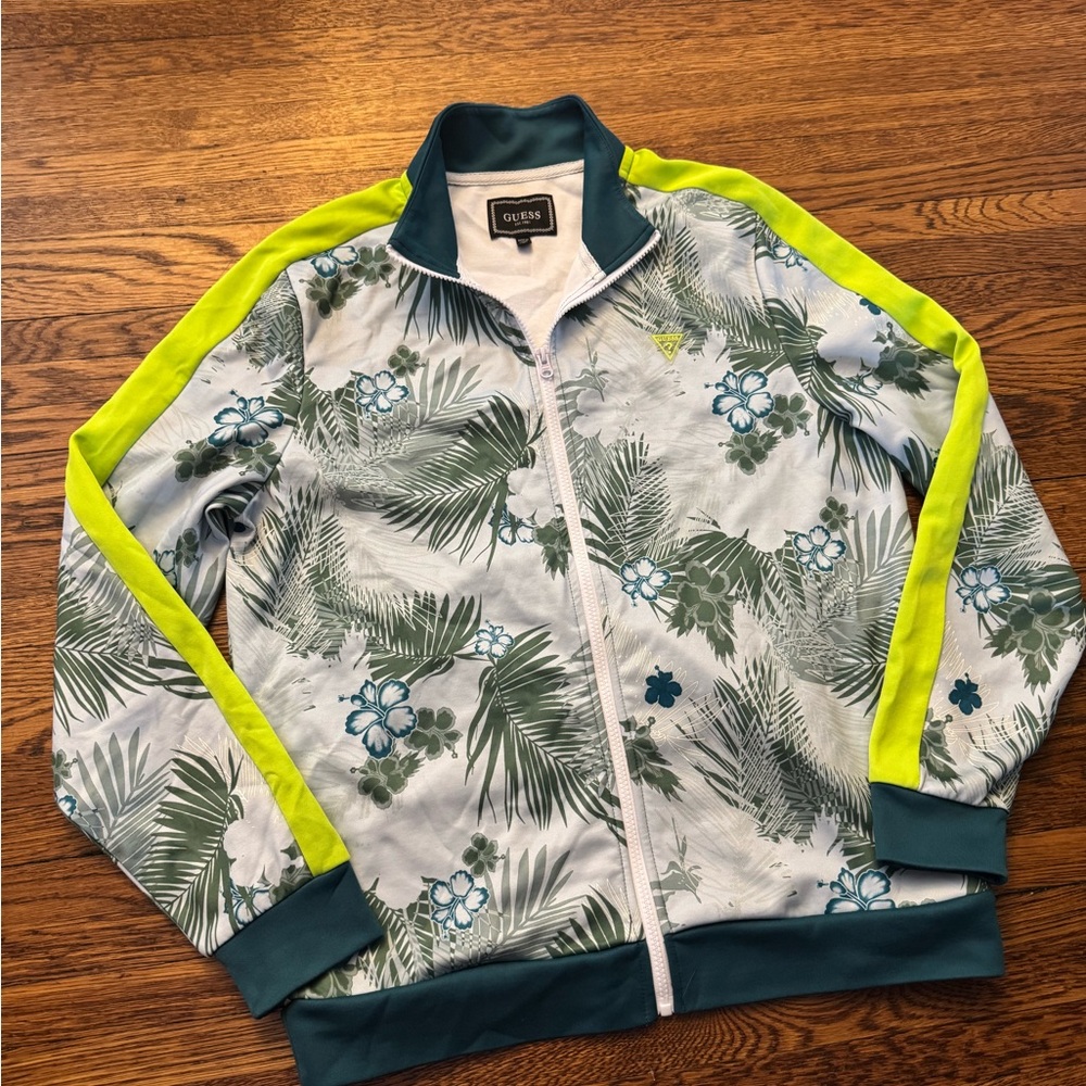 #606 GUESS Floral/ PALM PRINT WARMUP Jacket - Green and Blue - Picture 8 of 15
